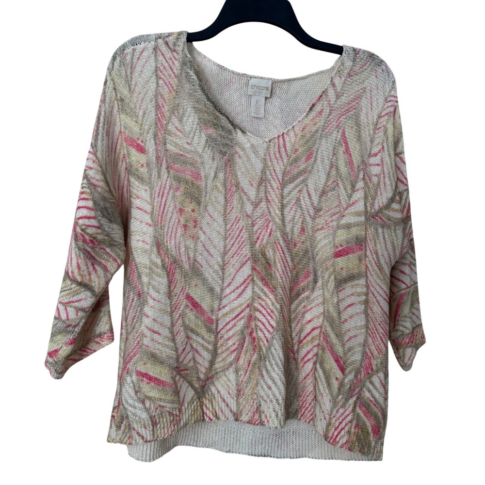 Chico's 1P V-Neck Sweater Lightweight Knit Tropical Leaf Beige Pink Size M